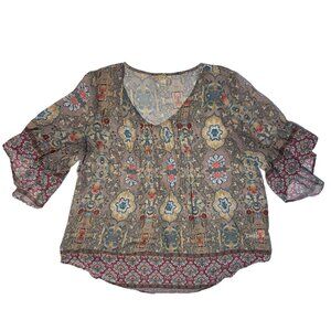Energe World Wear Floral Sheer Boho Baby Doll Top Blouse  Size Large